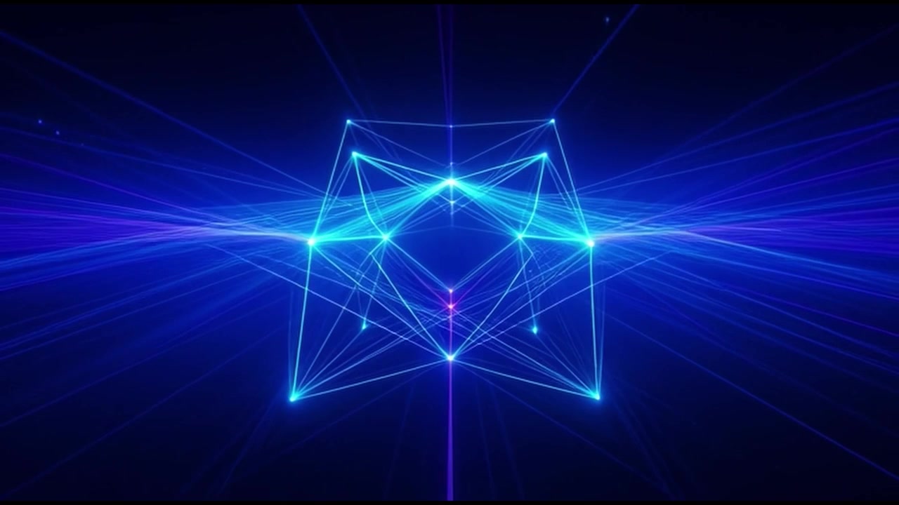 Griglia digitale astratta che si trasforma in una struttura geometrica luminosa