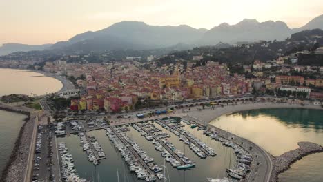 Picturesque-Landscape-of-Menton,-France-Beach-Coastline,-Aerial