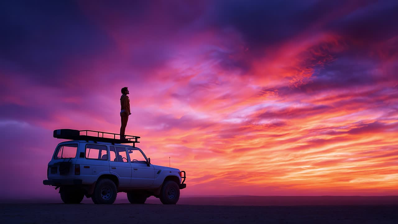 A breathtaking sunset silhouette captures the essence of adventure as a figure stands atop a vehicle, gazing into a vibrant sky painted in hues of purple, pink, and orange