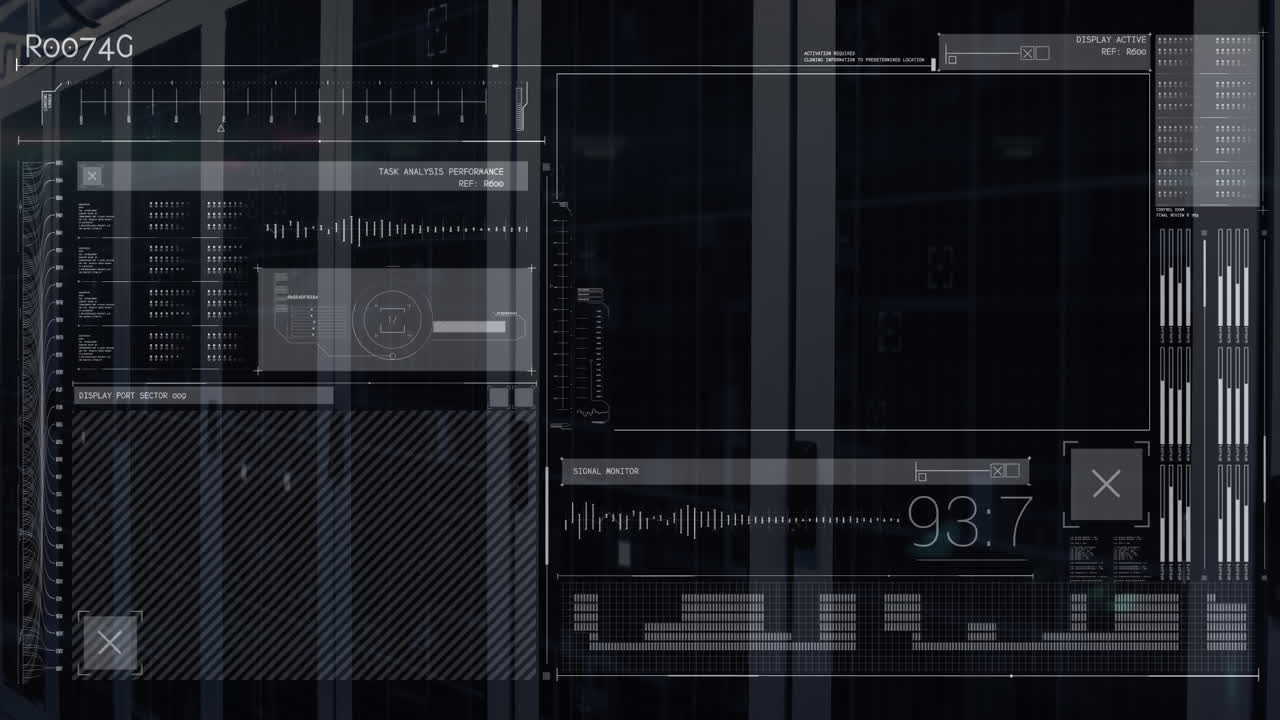 Animation of data processing on black digital screen