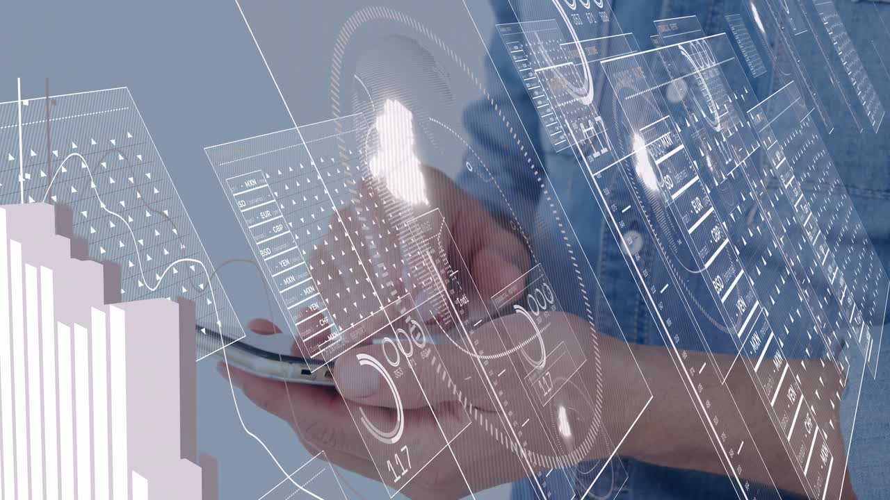 Cradling phone and tapping, fingers summoning sliding HUD panels, charts growing, visualizing data