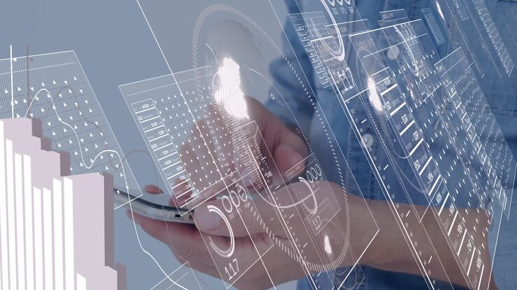 Cradling phone and tapping, fingers summoning sliding HUD panels, charts growing, visualizing data