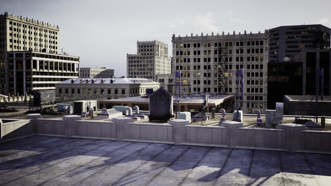 Urban rooftop view overlooking city buildings and structures during daylight