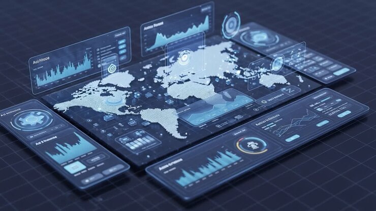 Visualisering av globale datatrender og analyser presentert via et interaktivt digitalt skjermgrensesnitt med geografisk og statistisk innsikt