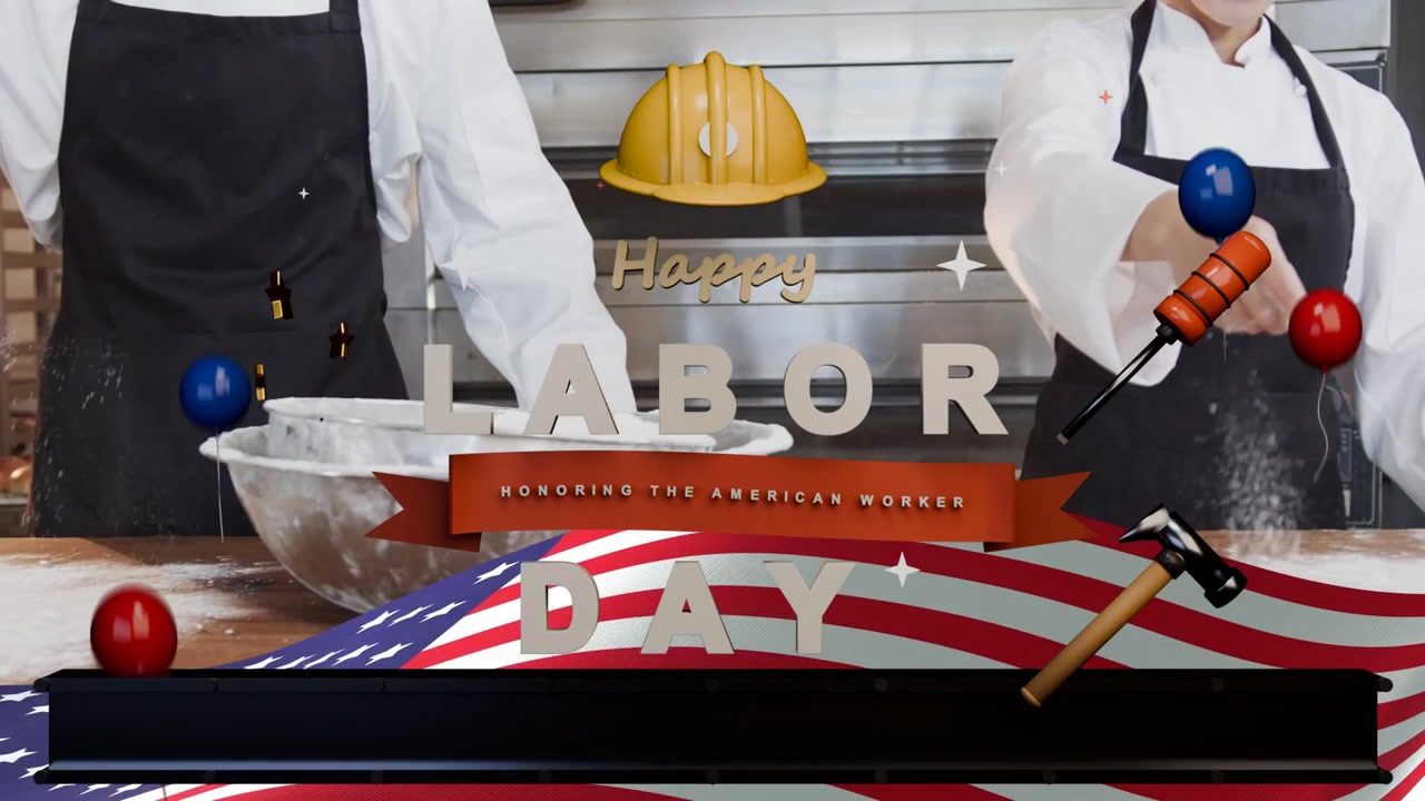 Des boulangers saupoudrent de la farine et pétrissent la pâte, avec une superposition graphique montrant un chapeau de boulanger pour la Fête du Travail.