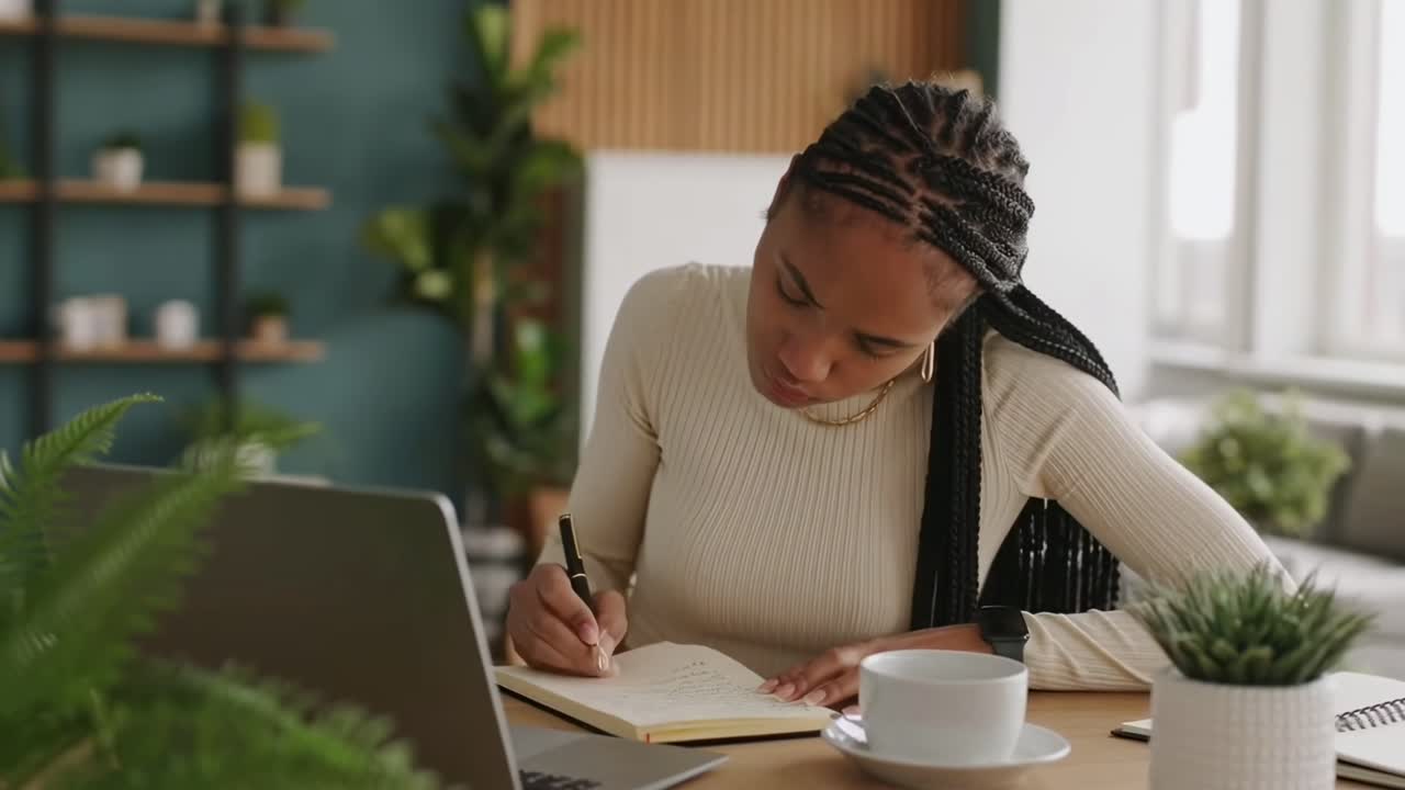 A video still of a woman writing at a desk, captured from a side angle, with a cozy, modern style