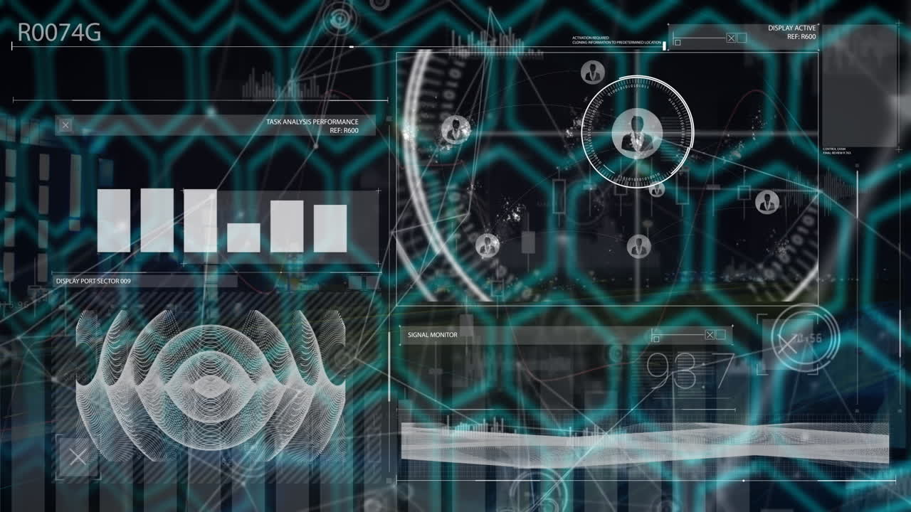 육각형으로 검은 화면 위에 다양한 데이터와 아이콘의 애니메이션