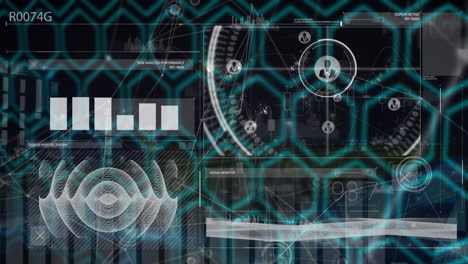 animación de diversos datos e iconos sobre pantalla negra con hexágonos