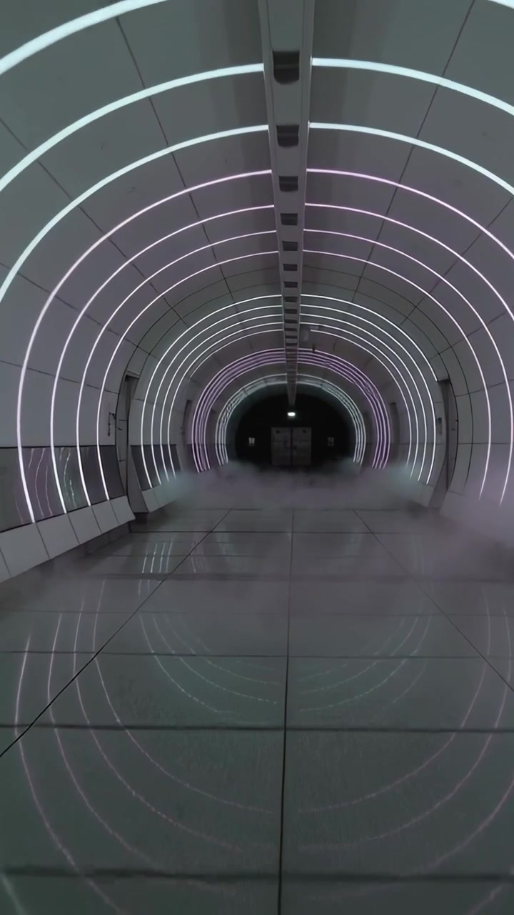 Vertical video: Emerging mist from fog machine spreading through tunnel, with LED rings reflecting