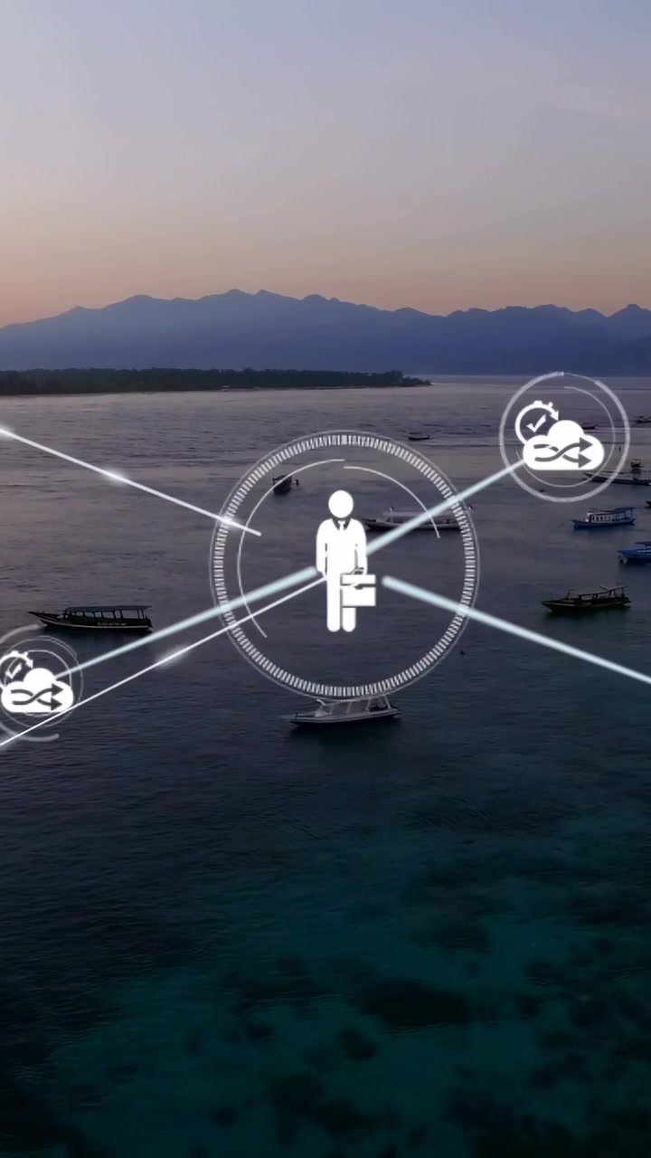 Vertical video: Network HUD pulsing central node, growing user icons and linking business over bay