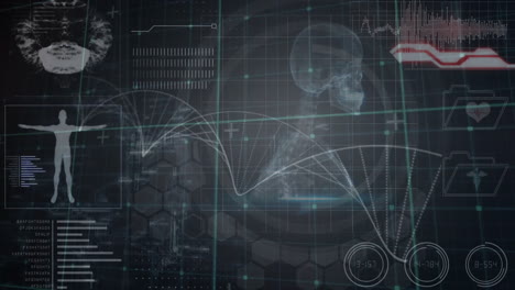 Animation-Von-DNA-Strang,-Menschlichem-Körper-Und-Datenverarbeitung-Auf-Dunklem-Hintergrund