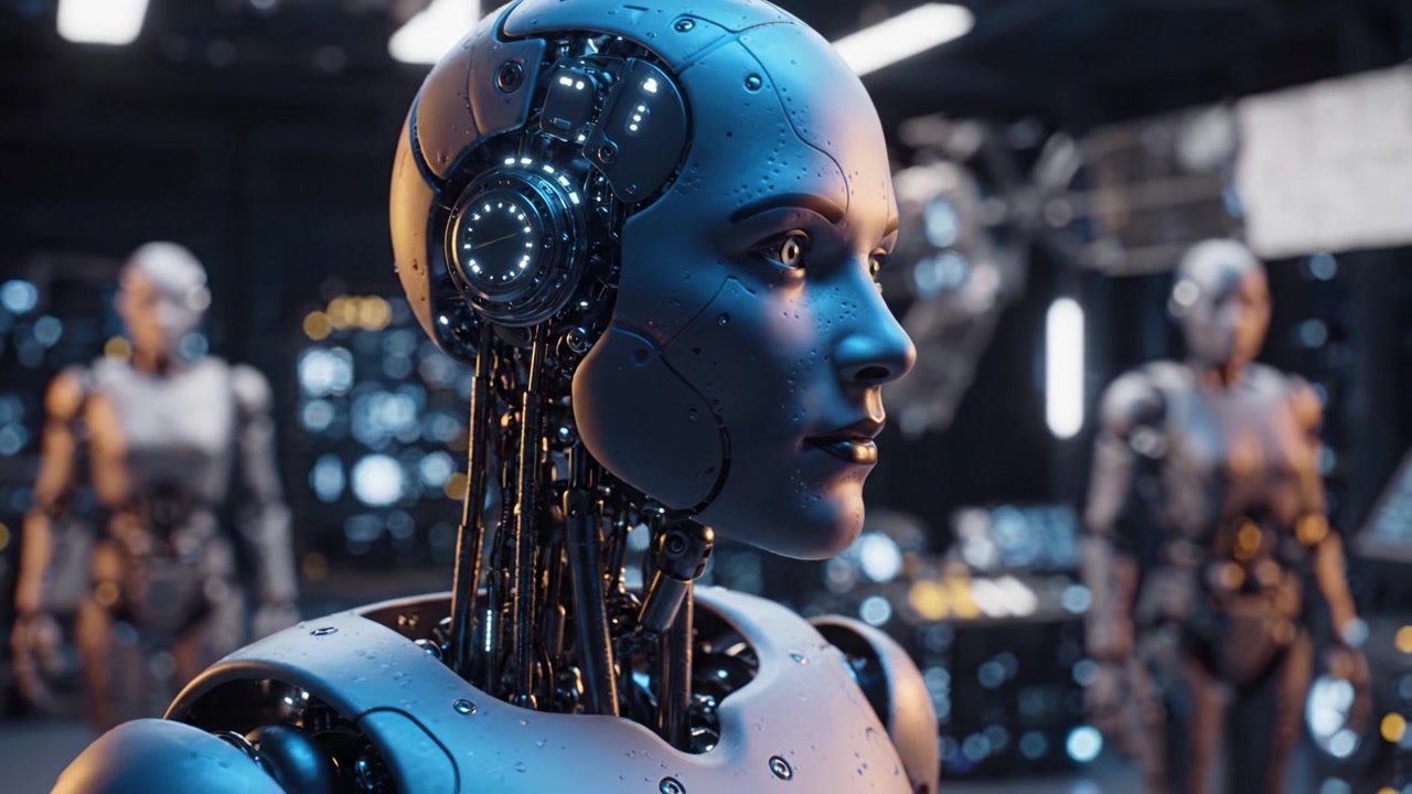 Futuristic humanoid robot with sleek metallic features and expressive eyes, set in a high-tech environment filled with advanced machinery and digital displays.