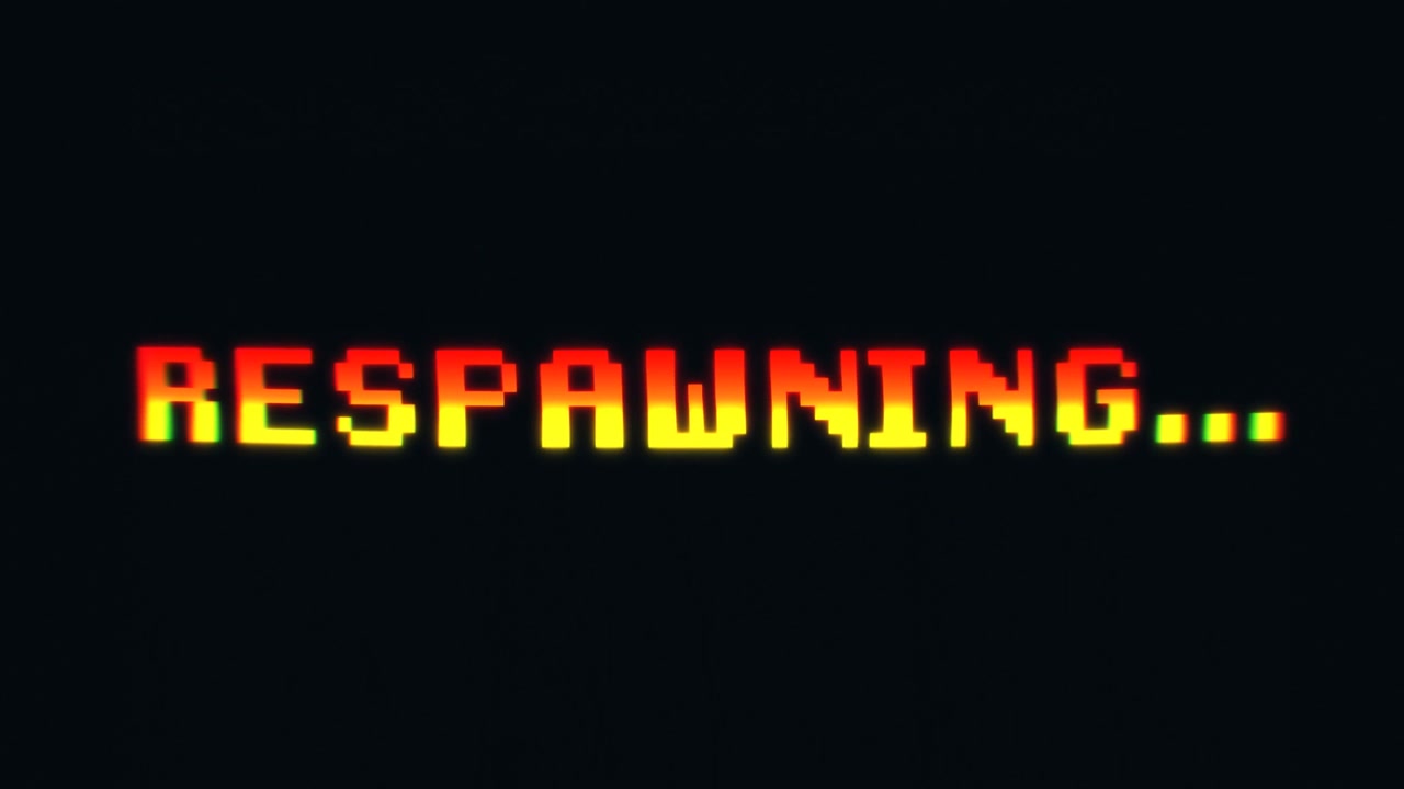 Animation text message: respawning (reappearing in a game world after being defeated or killed). Retro 8-bit pixel font. Intentional distortion for nostalgia, recalling classic vintage video games.