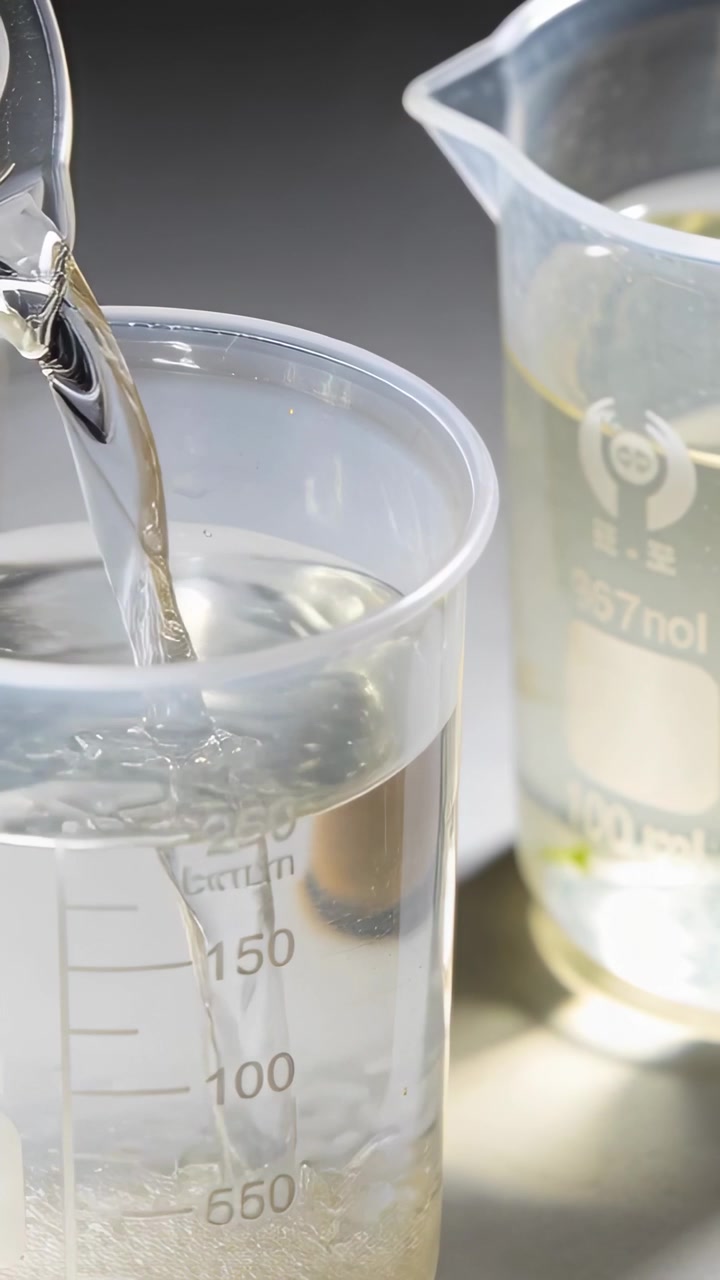 Video verticale: Riempimento di un becher marcato a sinistra da un beccuccio superiore su un banco da laboratorio per un test, con un becher a destra.