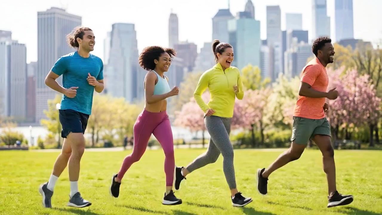 A group of friends laughs together in a city park with a urban skyline background