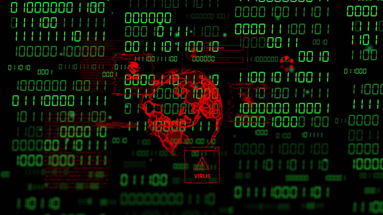 minacce alla cibersicurezza e avvertimenti di malware animazione sullo sfondo del codice binario