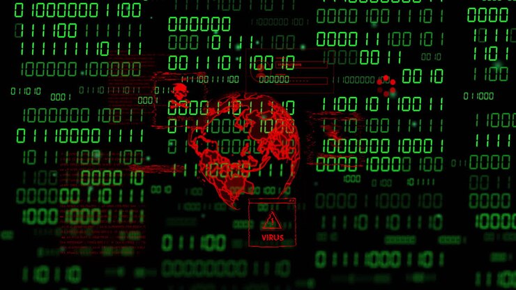 Cybersecurity threats and malware warnings animation over binary code background