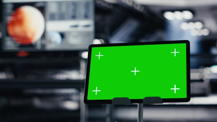 Primo piano di un tablet con schermo verde all'interno di un'astronave, utilizzato per il monitoraggio dei sistemi.