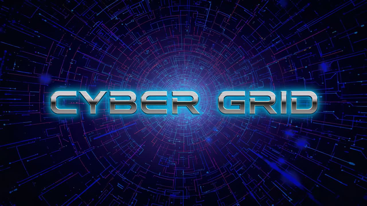 Glowing metal CYBER GRID title reacting to pulsing hub in circuit tunnel, showing bright particles