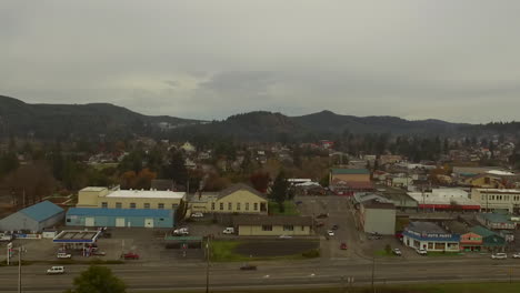 city of coquille in southern oregon coos county aerial drone video showing buildings and highway 42