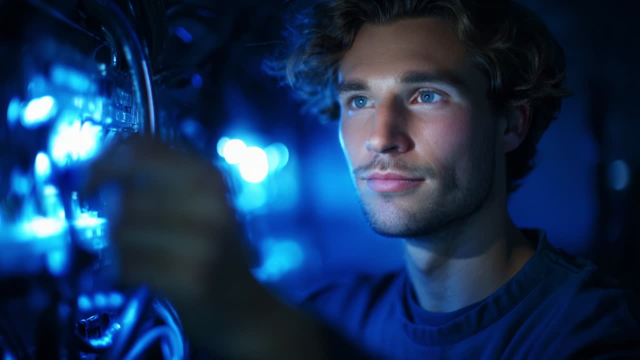 A focused technician works diligently on intricate electrical systems, surrounded by glowing blue lights, showcasing expertise and dedication in the realm of technology and network management