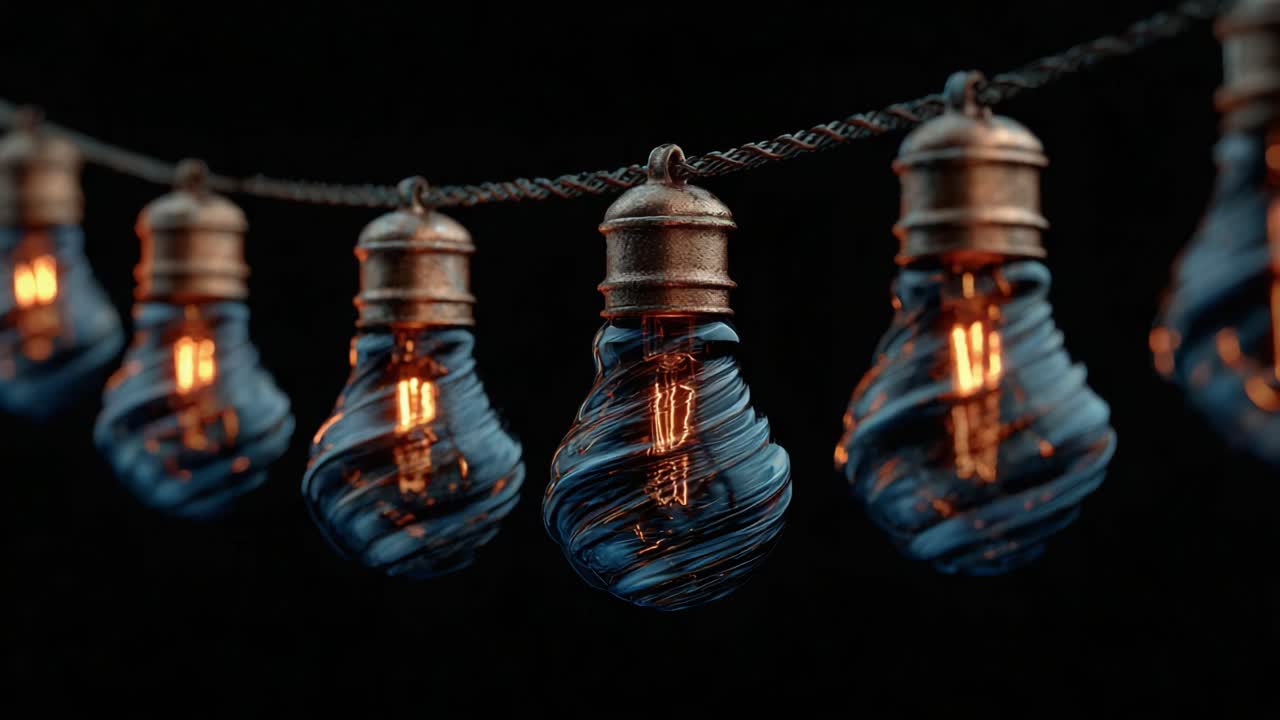 Aesthetic Close-Up of Vintage Spiral Light Bulbs Glowing with Warm Ambiance, Showcasing Their Unique Twisted Design and Copper Detailing in Elegantly Shaded Lighting