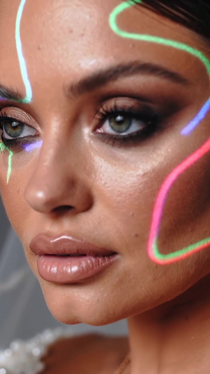 Video verticale: Mano in alto a sinistra che proietta linee al neon, donna che inclina la testa in studio, mostrando perline.