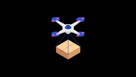 entrega de drones y paquete de cartón. animación de bucle isométrico en el canal alfa. resolución de 4k.