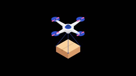 delivery drone and cardboard package. isometric loop animation in alpha channel. 4k resolution.