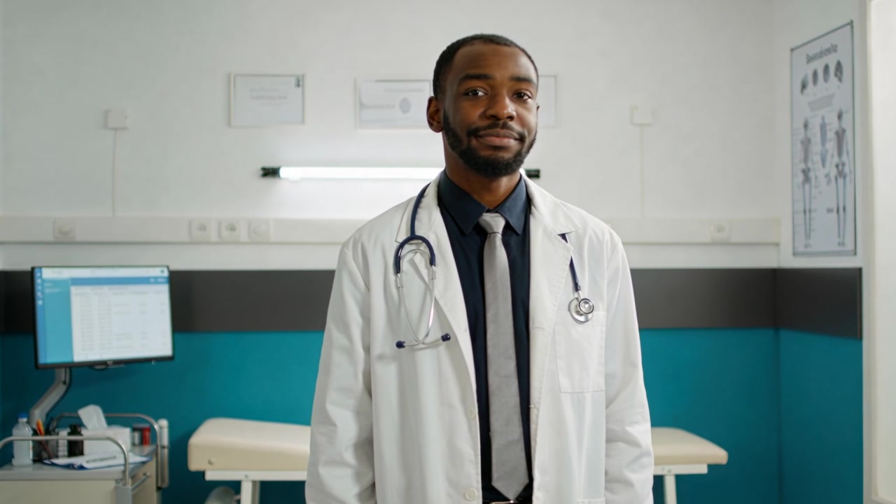 In risposta alla telecamera, un medico sposta lo sguardo a destra e poi in avanti nella sala visite, indossando un camice.