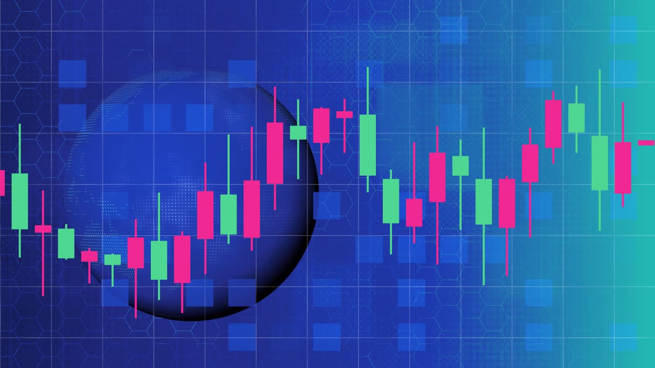 Digital globe with financial candlestick charts, global economy trading data, professional blue corporate background