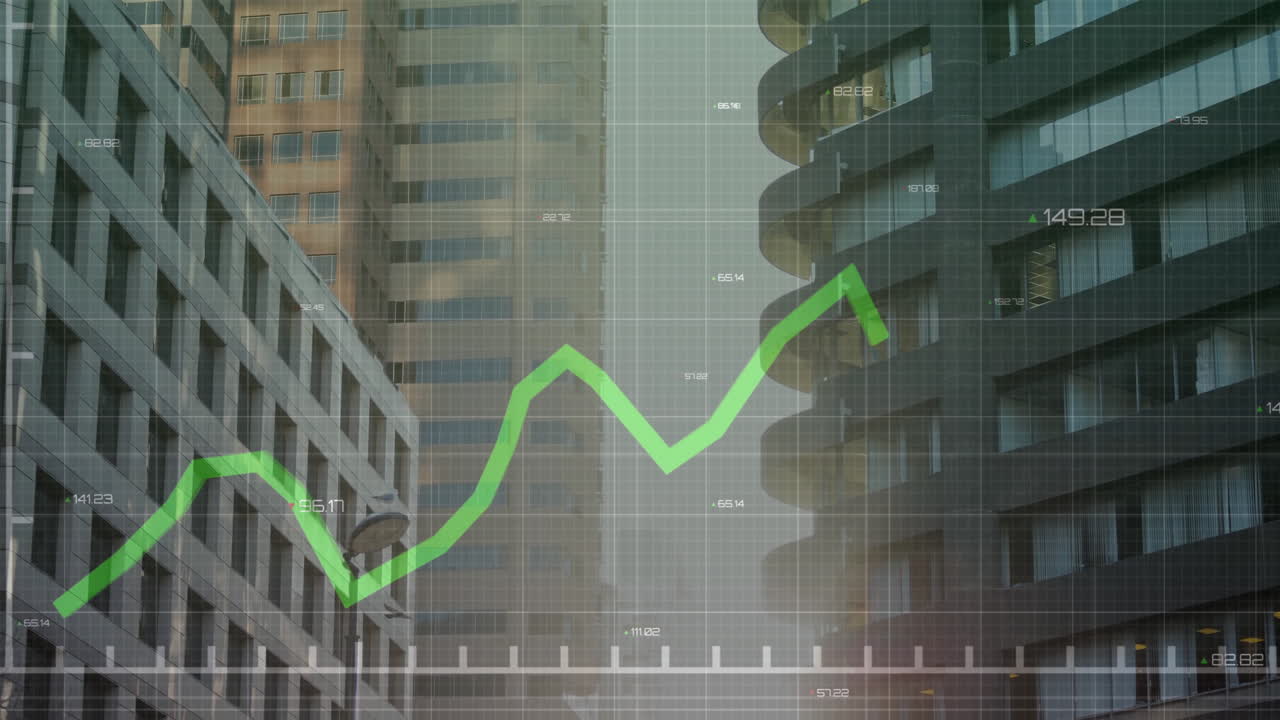 Animating green financial graph over modern city buildings