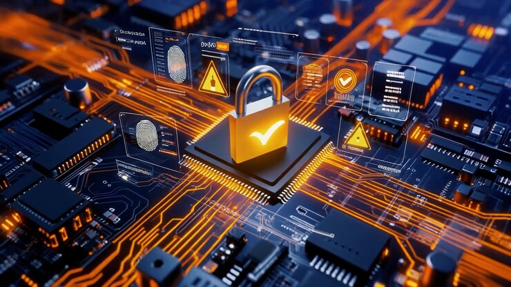 Digital Padlock Protecting Data on a Futuristic Circuit Board