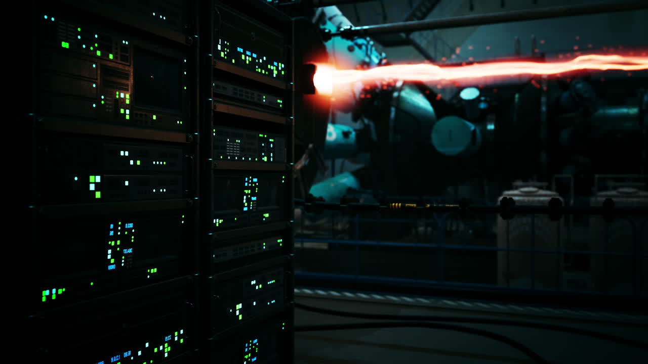 sala de servidores futurista con haz de energía