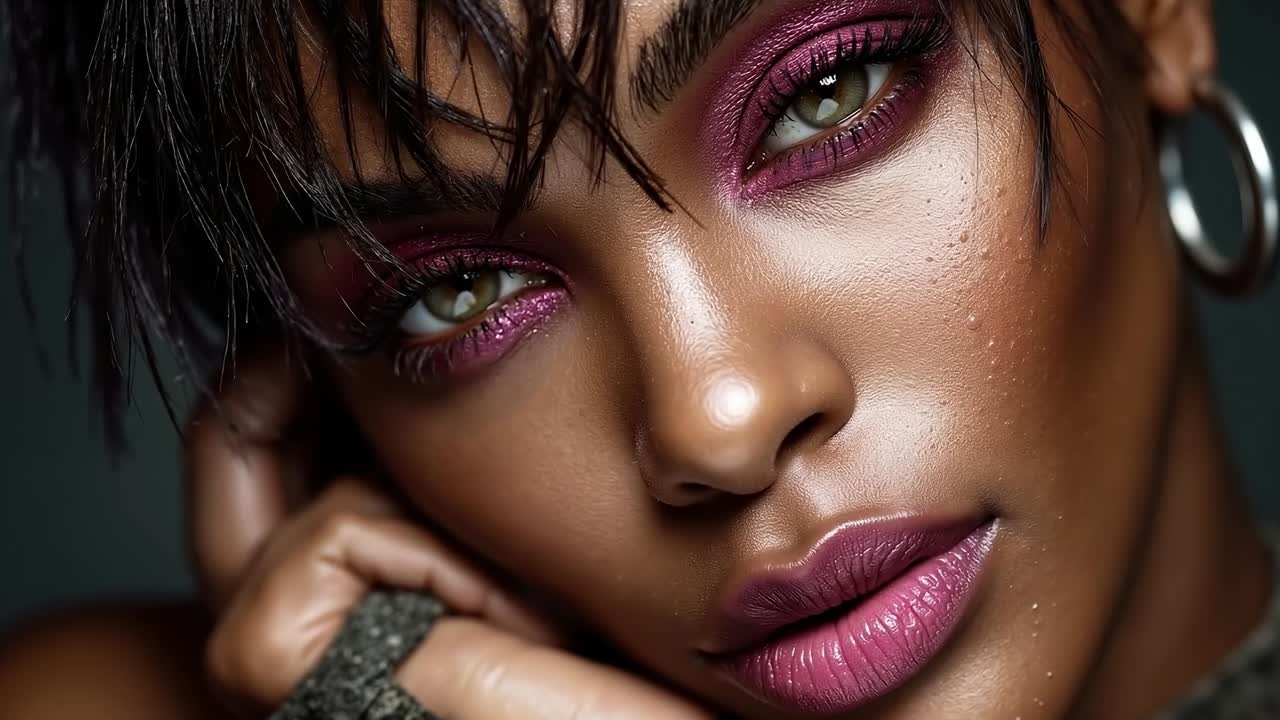A close up of a woman with purple makeup and a ring on her finger