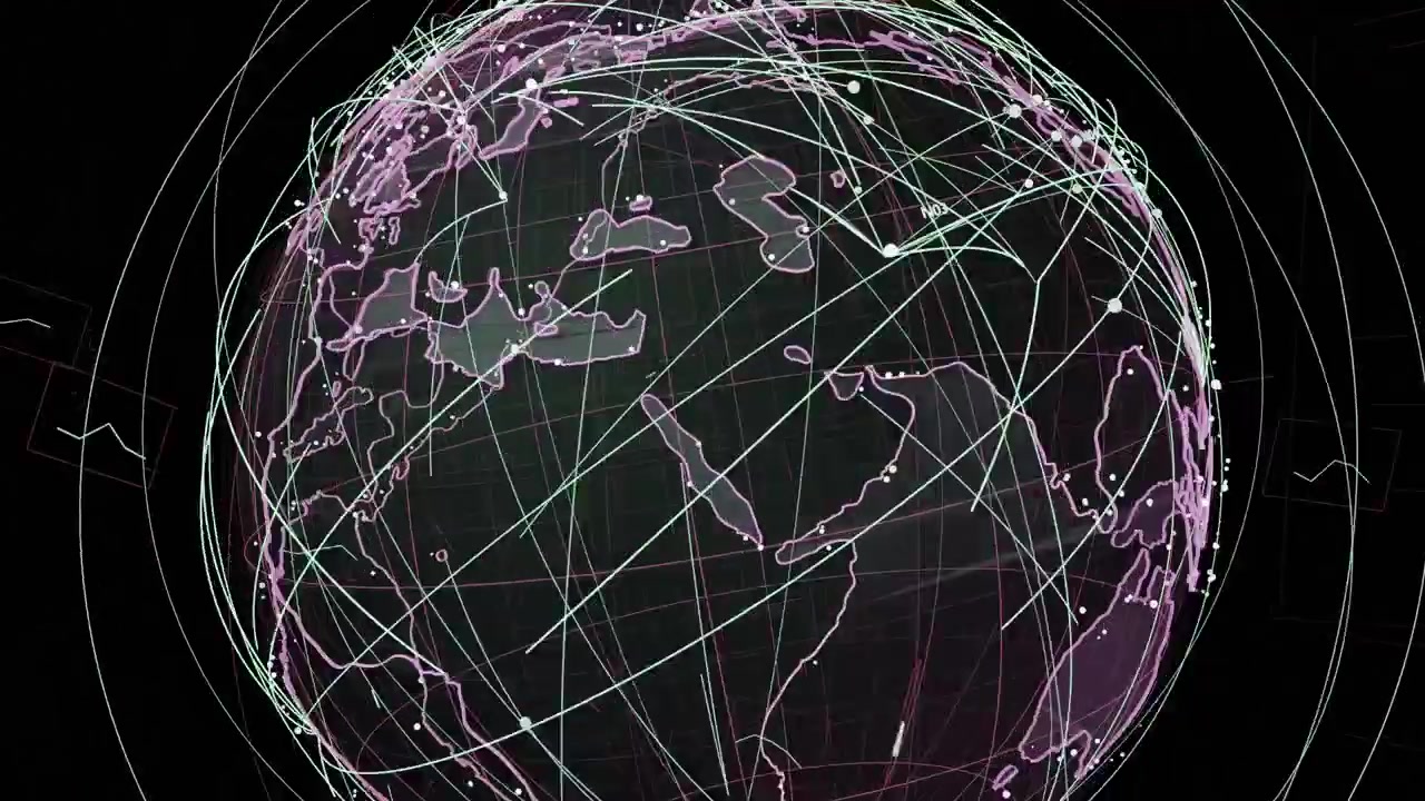 Network globe rotating after pulse, drawing teal lines, pulsing nodes for data on transparent plane
