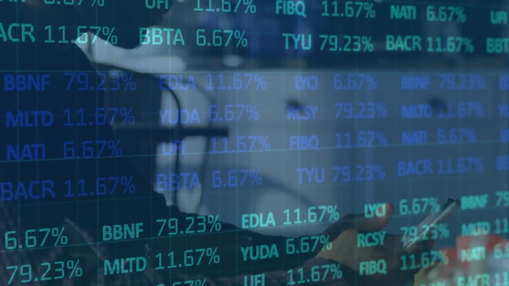 Stock market data processing against african american man using smartphone