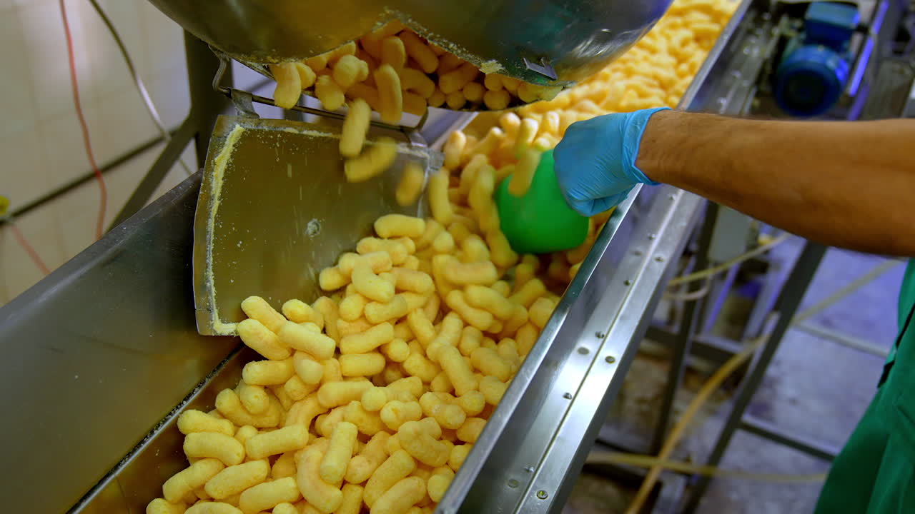 Lots of yellow crispy corn sticks fall on the conveyor line. Factory worker pushes snacks along the belt. Food factory production concept.