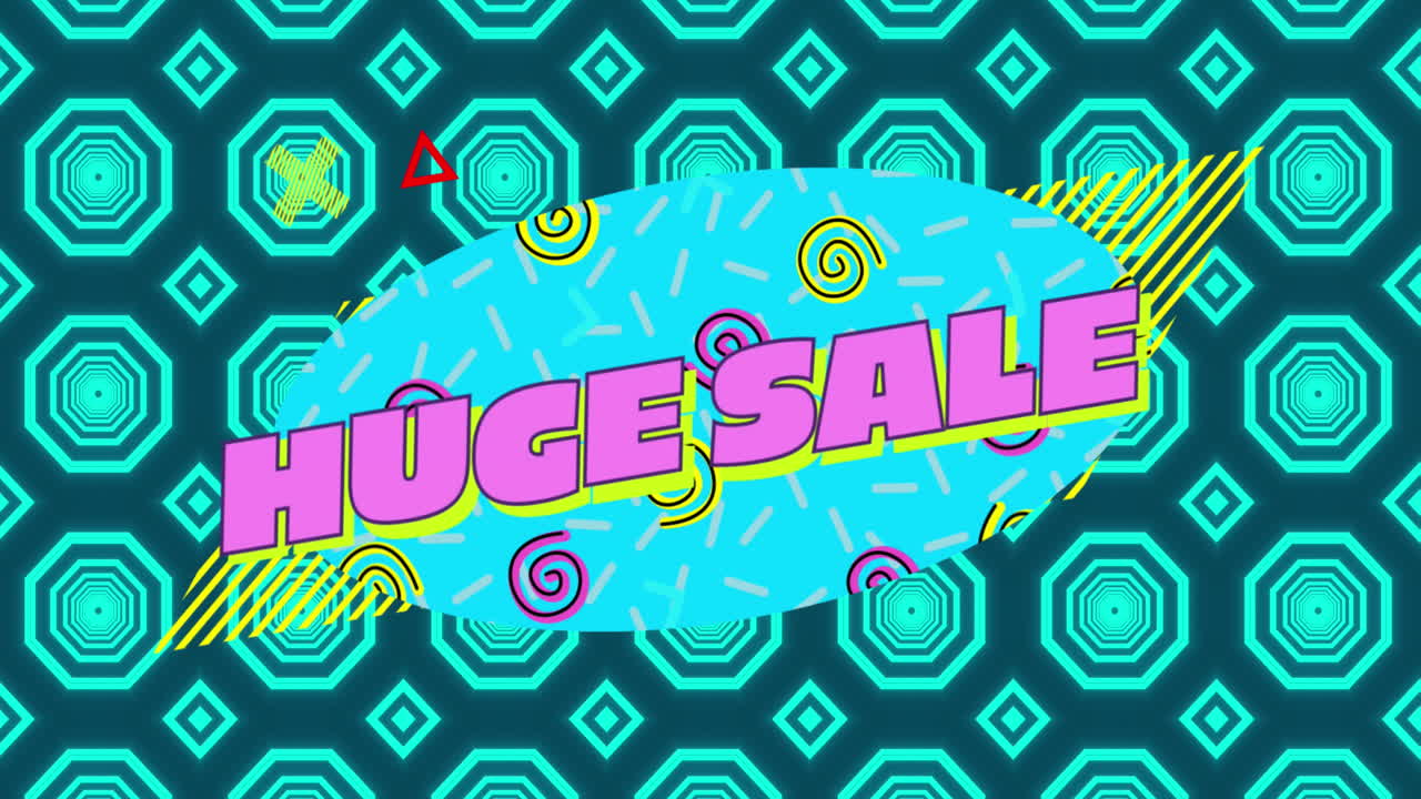 추상적인 모양과 녹색 패턴 위에 분홍색 글자로 거대한 판매 텍스트의 애니메이션