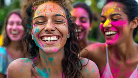 joyful women celebrating a color festival