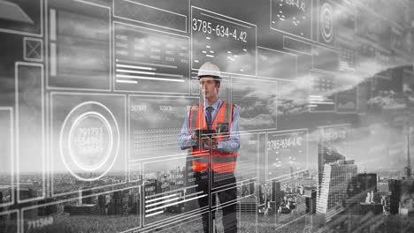 animación de una pantalla digital con datos diversos sobre un ingeniero caucásico.