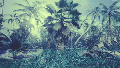 lush tropical paradise filled with vibrant greenery and towering palm trees
