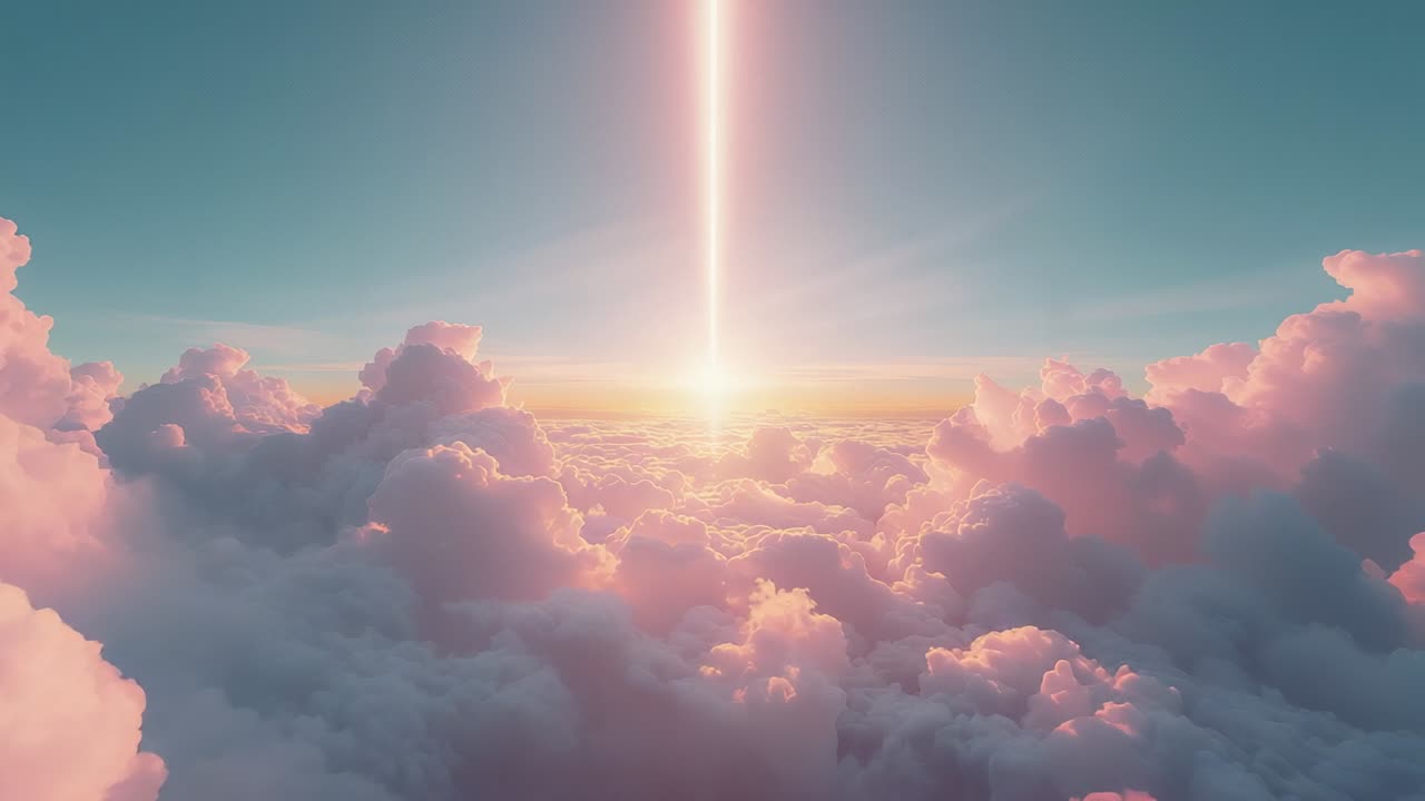 Revealing rising sun glowing, casting vertical beam while camera moving over cloud basin, pink glow