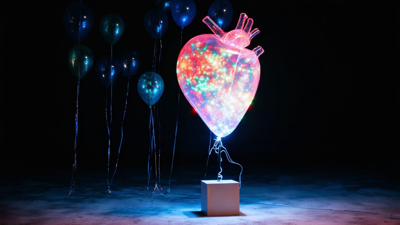 A Dazzling LED Heart Balloon Illuminating the Darkness with Colorful Lights Surrounded by Floating Balloons, Capturing the Essence of Celebration and Joyful Moments