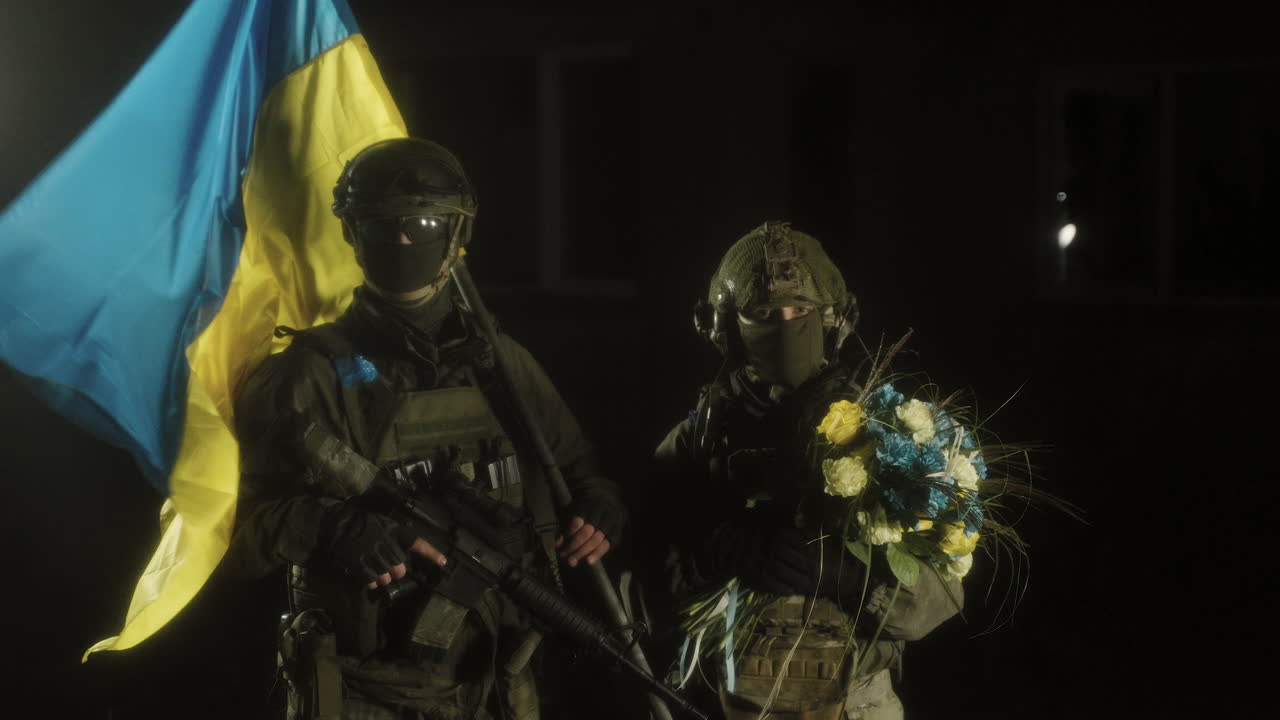 Ukrainian Soldiers with Flowers at Night