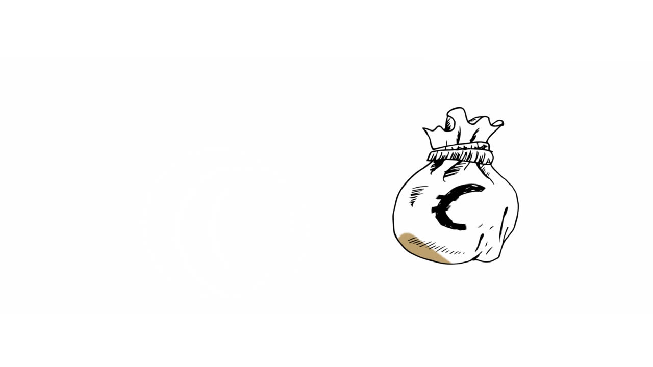 백색 배경에 동전 가방에 있는 유로 기호의 디지털 애니메이션