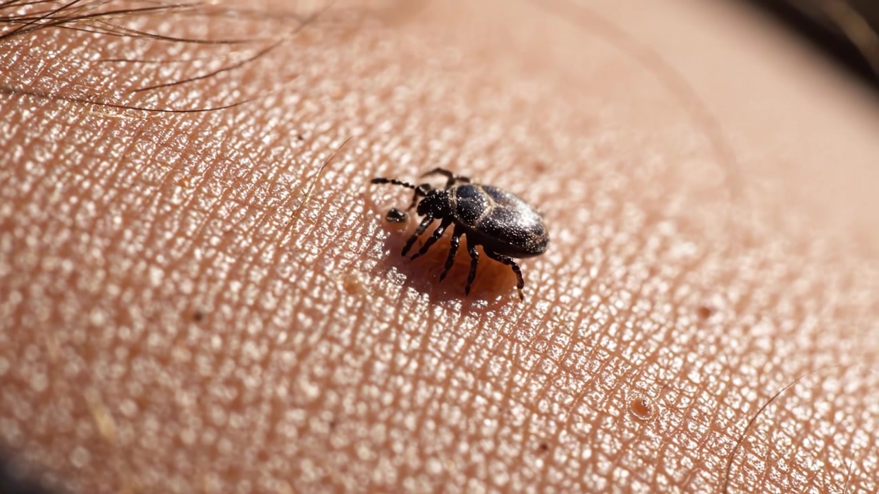 Primer Plano de una Garrapata Arrastrándose sobre la Piel Humana, Destacando las Texturas Detalladas y las Características Naturales del Arácnido en su Entorno