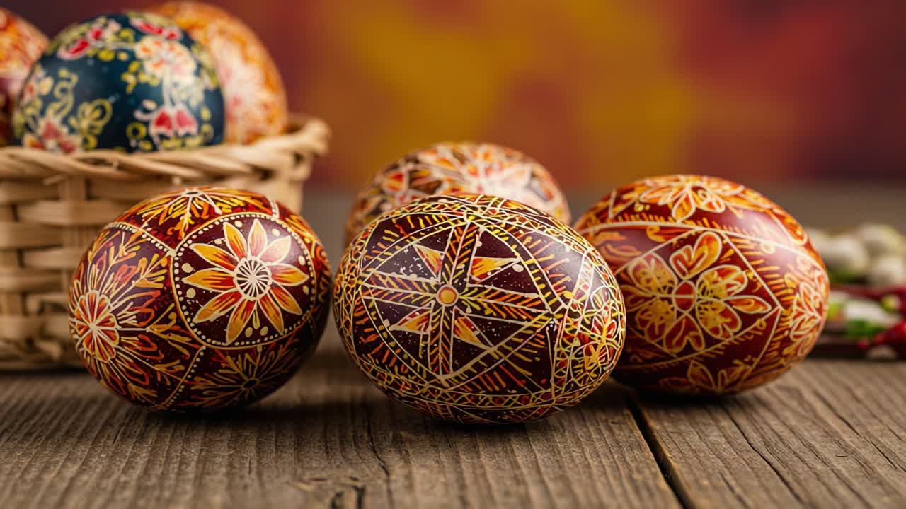 Colorful Handcrafted Decorative Eggs Displayed on Rustic Wooden Surface, Showcasing Intricate Designs and Vibrant Patterns for Festive Celebrations