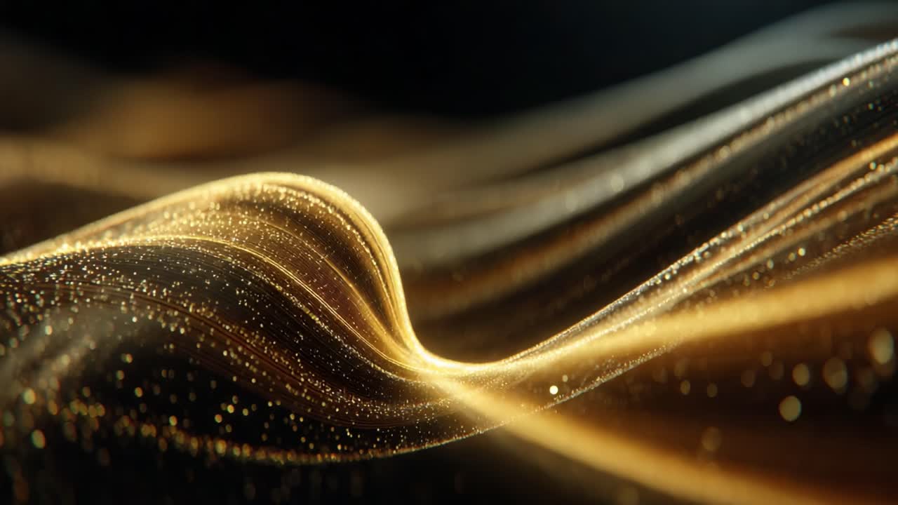 Captivating Golden Waves: A Mesmerizing Display of Light and Texture in Motion, Featuring Fluid Patterns and Sparkling Particles That Evoke a Sense of Flowing Elegance