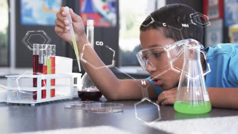 Conducting science experiment, child with safety goggles using pipette over chemical formulas